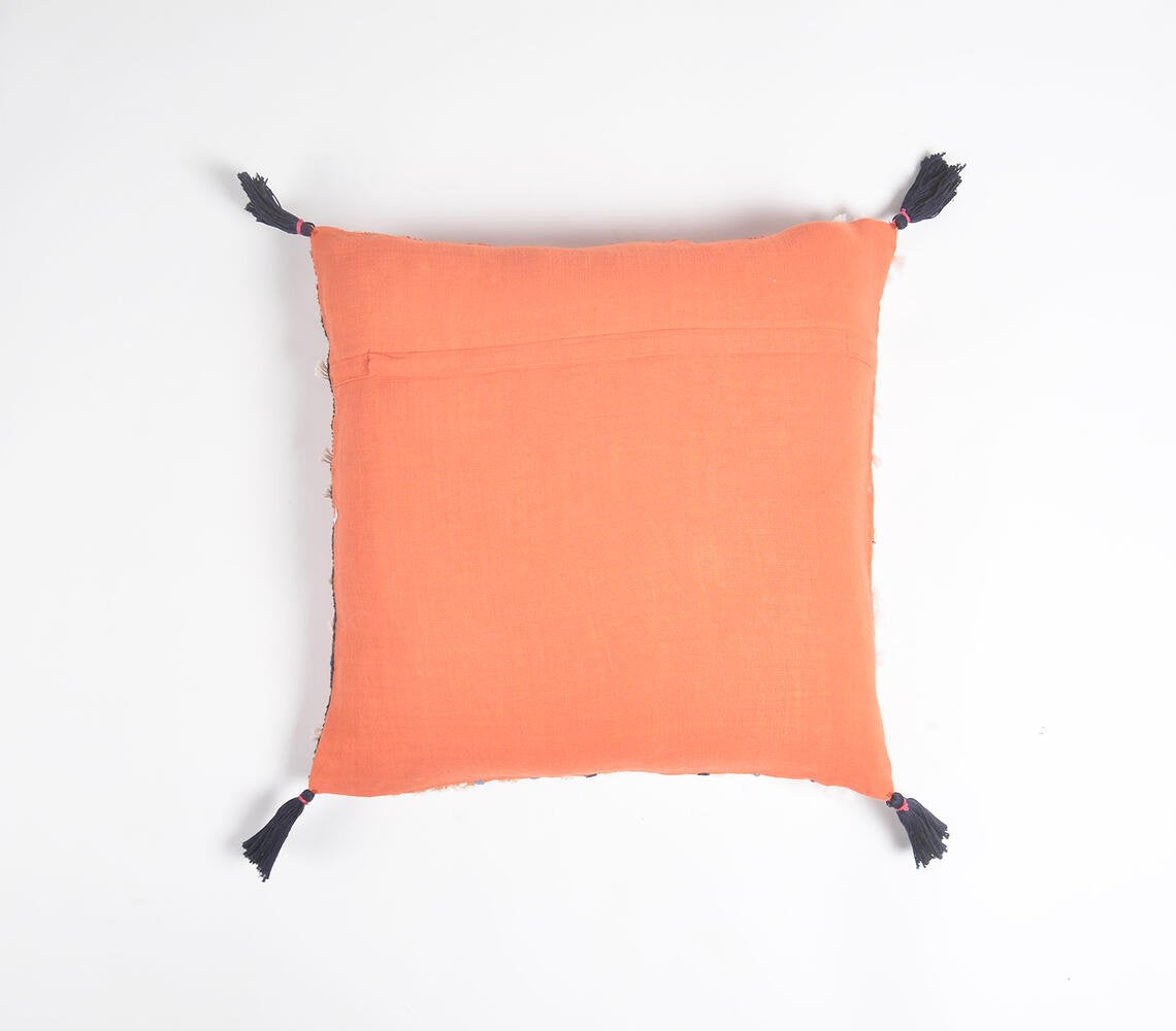 Abstract Embroidered & Tasseled Tangerine Cushion Cover