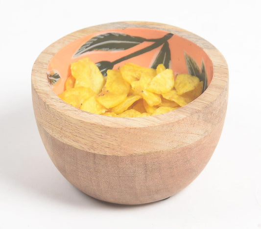 Tropical Leaves Orange Enameled & Turned Mango Wood Bowl