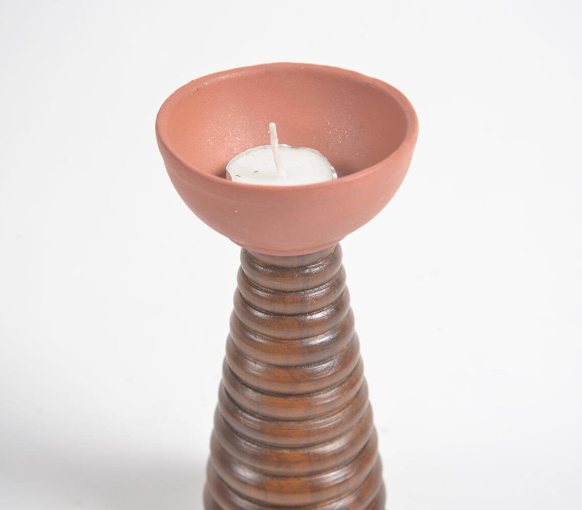 Ribbed Teak Wood & Terracotta Tealight