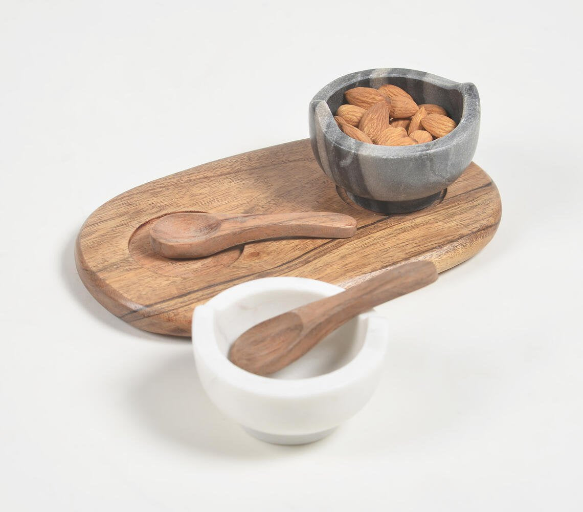 Set of Turned Marble Bowls With Acacia Wood Spoon & Tray