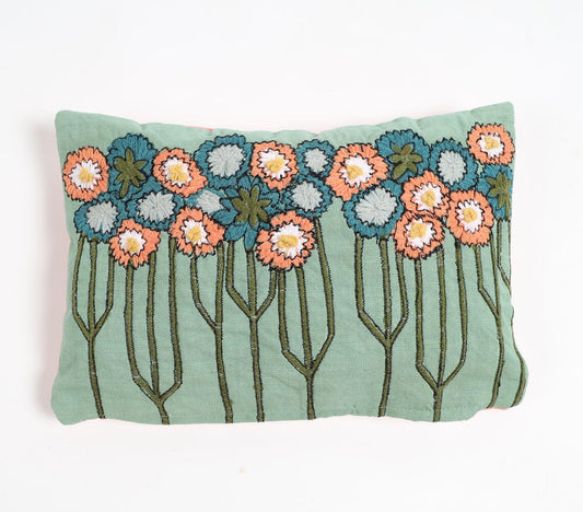 Floral embroidered Slub Turquoise Lumbar Cover, 11.5 x inches