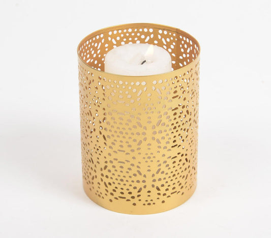 Honeycomb Jali Cut Gold-Toned Iron Candle Holder