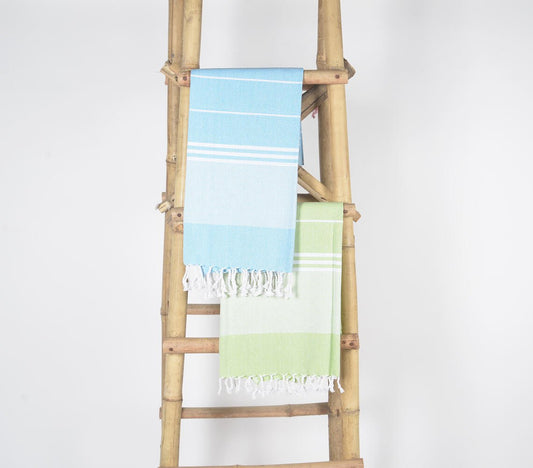 Handwoven Cotton striped Sky & Green Bath Towels (Set Of 2)