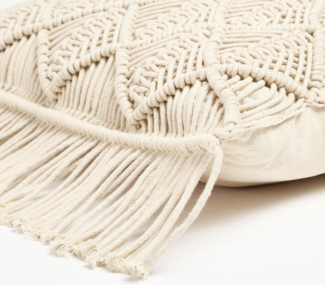 Macrame omzoomde katoenen kussenhoes