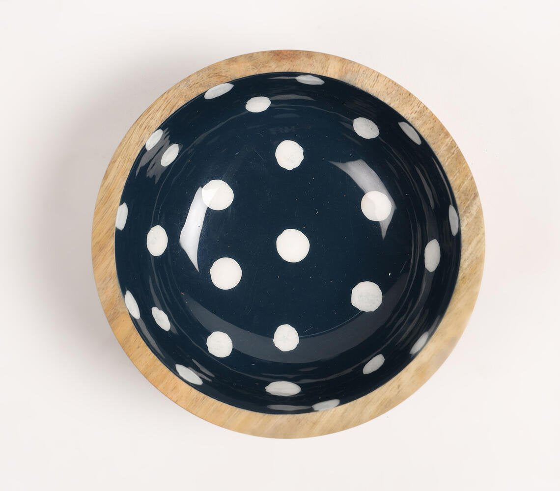 Enamelled Polka Dotted Navy Blue Wooden Bowl