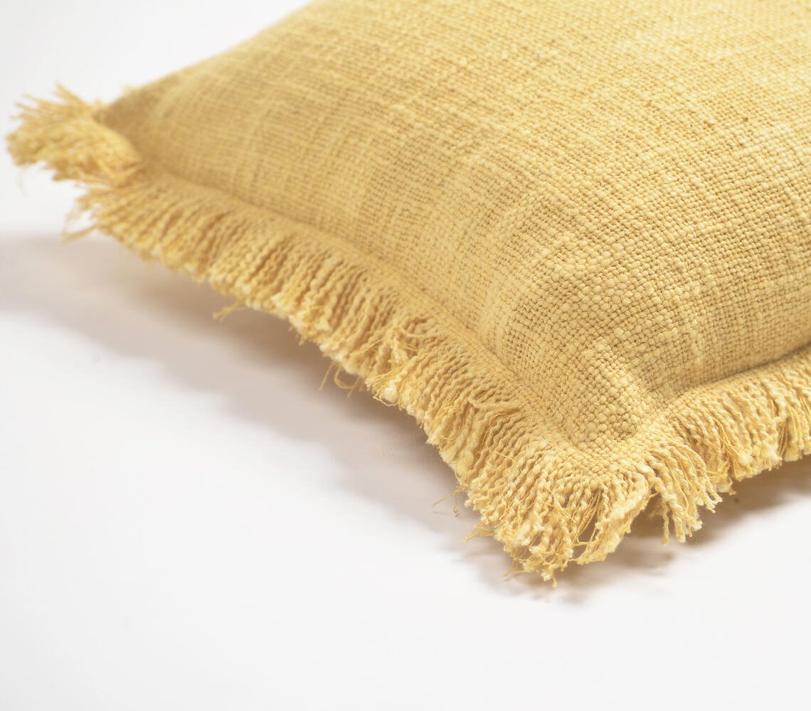 Solid Fringed Lumbar Cotton Cushion Cover, 14 x 21 inches