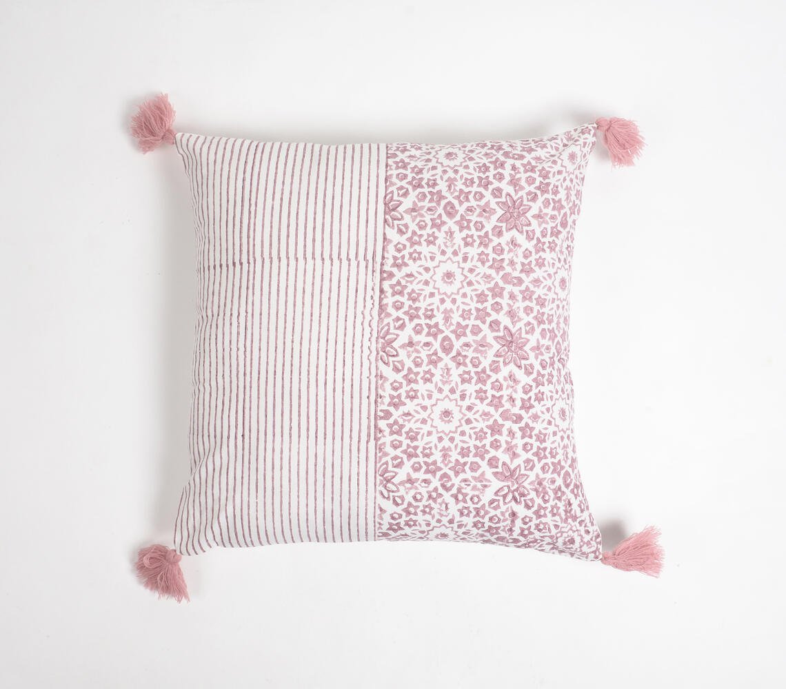 Floral & Striped Block Tasseled Cotton Cushion Cover, 18 x 18 inches