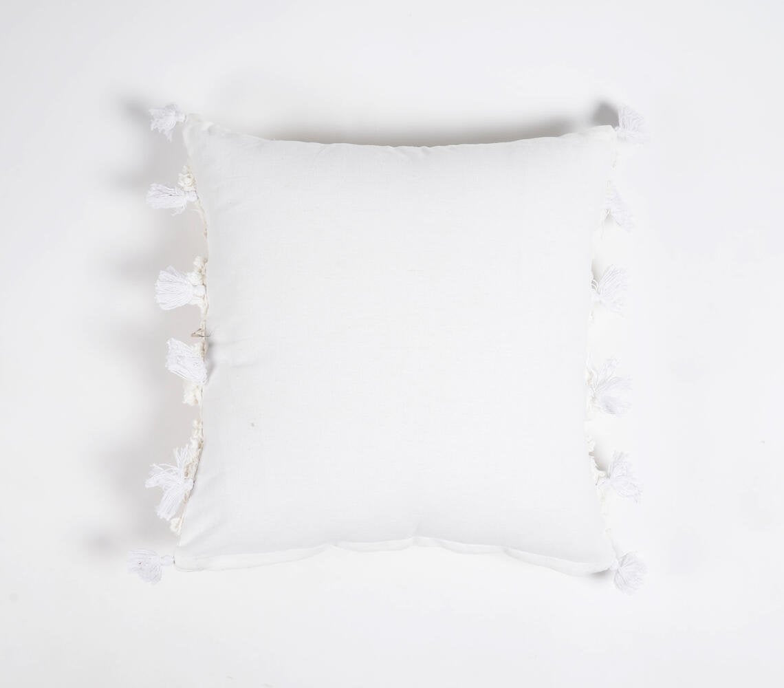 Hand Tufted Cotton Cushion Cover with Frayed tassels, 16 x 16 inches