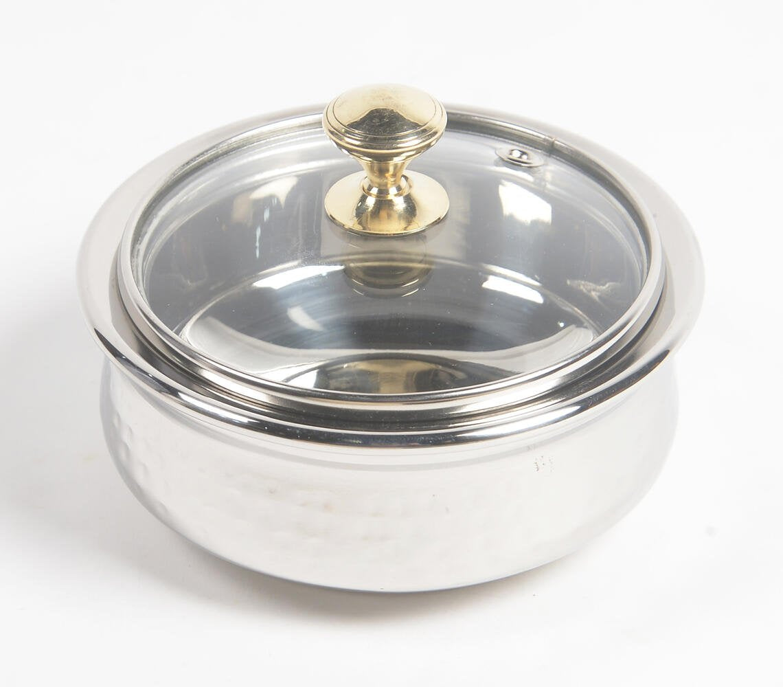 Hammered Steel Rice Serving Bowl with Glass lid (Small)