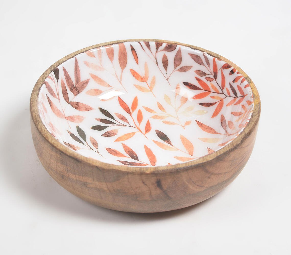 Enamelled Autumn Leaves Wooden Serving Bowl