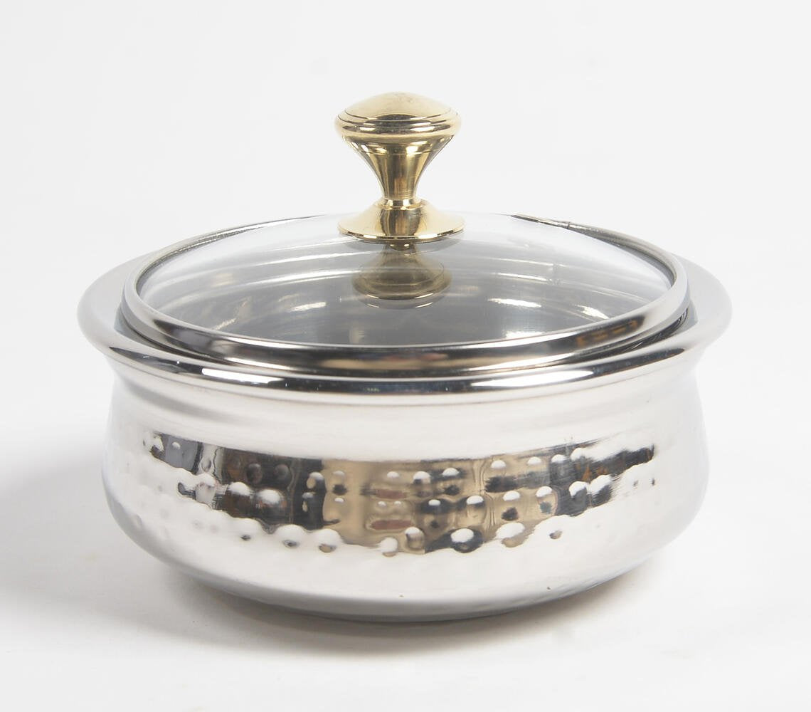 Hammered Steel Rice Serving Bowl with Glass lid (Small)