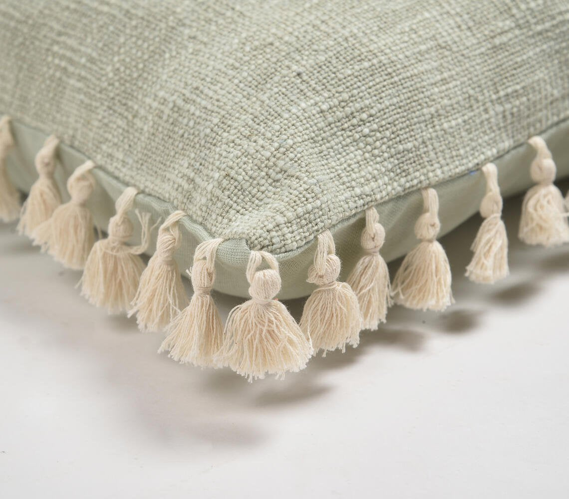 Solid Tasseled Pastel Sage Cotton Cushion Cover