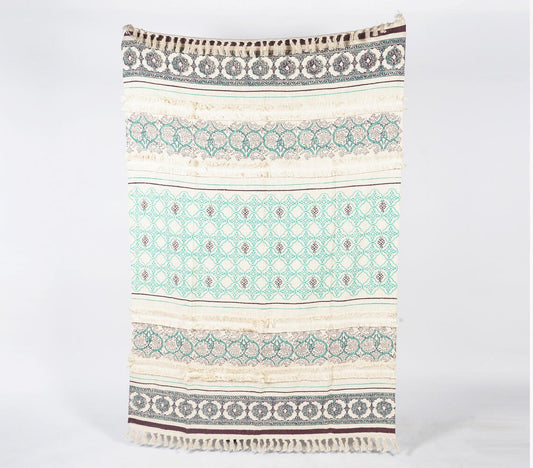 Handwoven & Block Printed Cotton Floral Panel Tasseled Throw