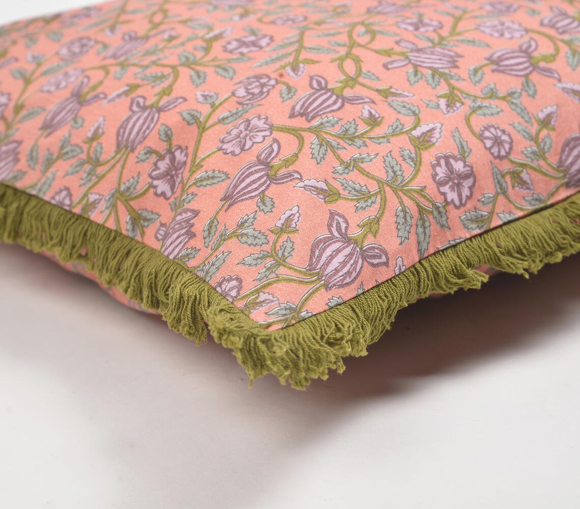 Floral Pink Cotton Cushion Cover with Olive Fringes, 18 x 18 inches