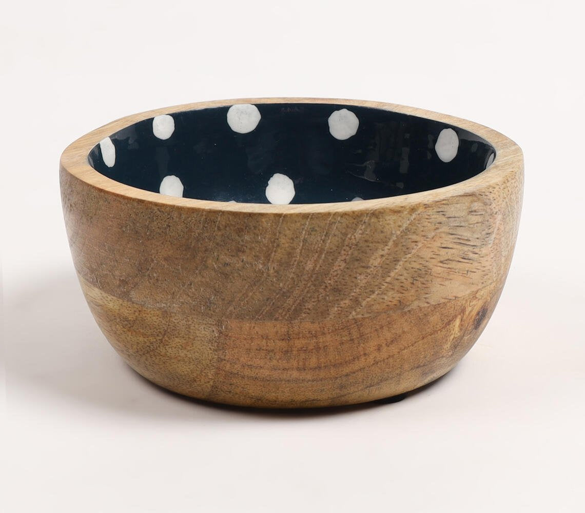 Enamelled Polka Dotted Navy Blue Wooden Bowl