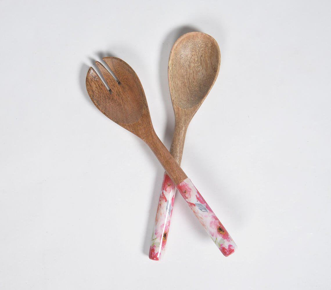 Enamelled Wooden Salad Serving Spoons