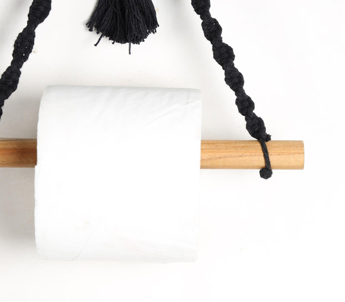 Cotton macrame & wood hanging roll holder