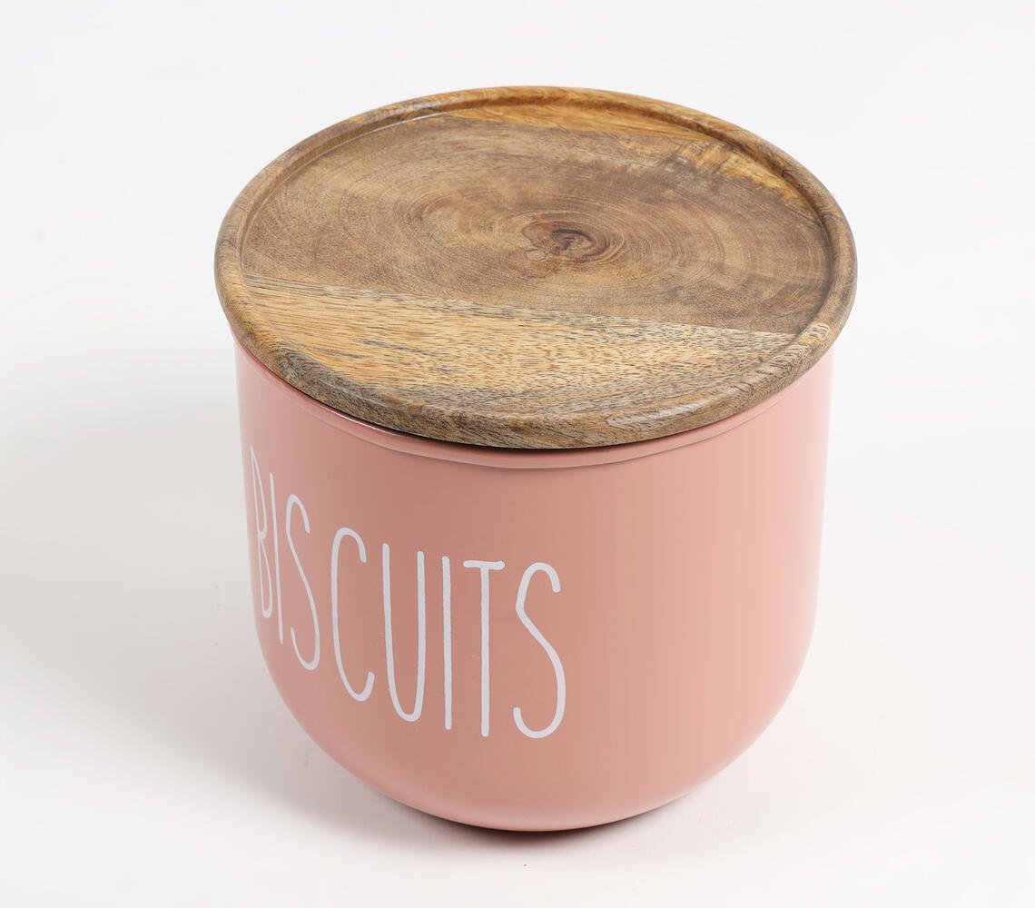 Matte-Pink Typographic Metal Canister with Wooden Lid