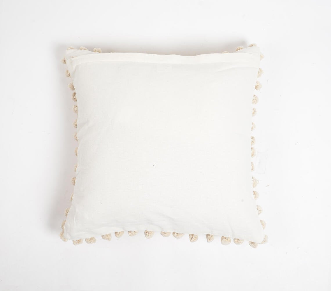 Solid Neutral Cotton Cushion Cover with Pom-Pom Border