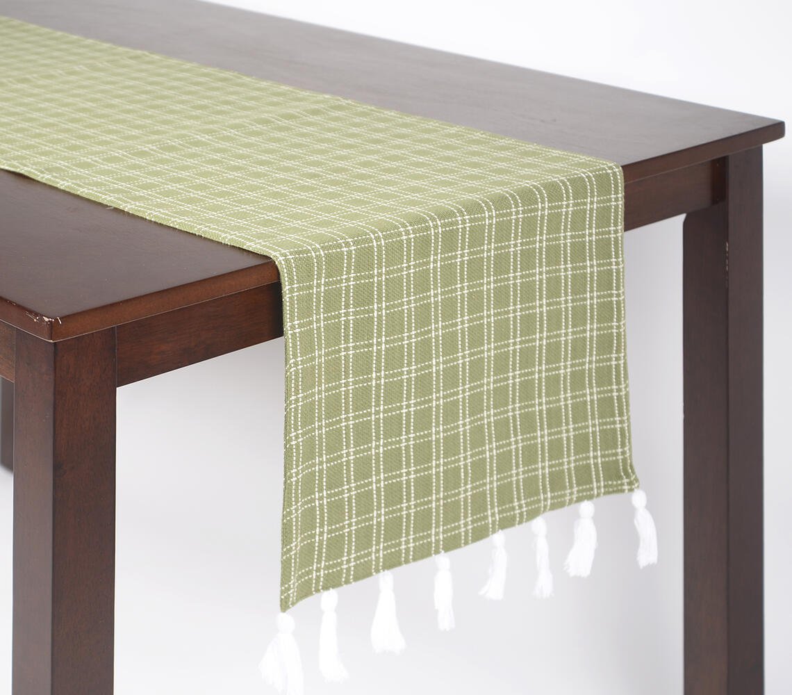 Checkered & Tasseled Olive Handloom Cotton Table Runner