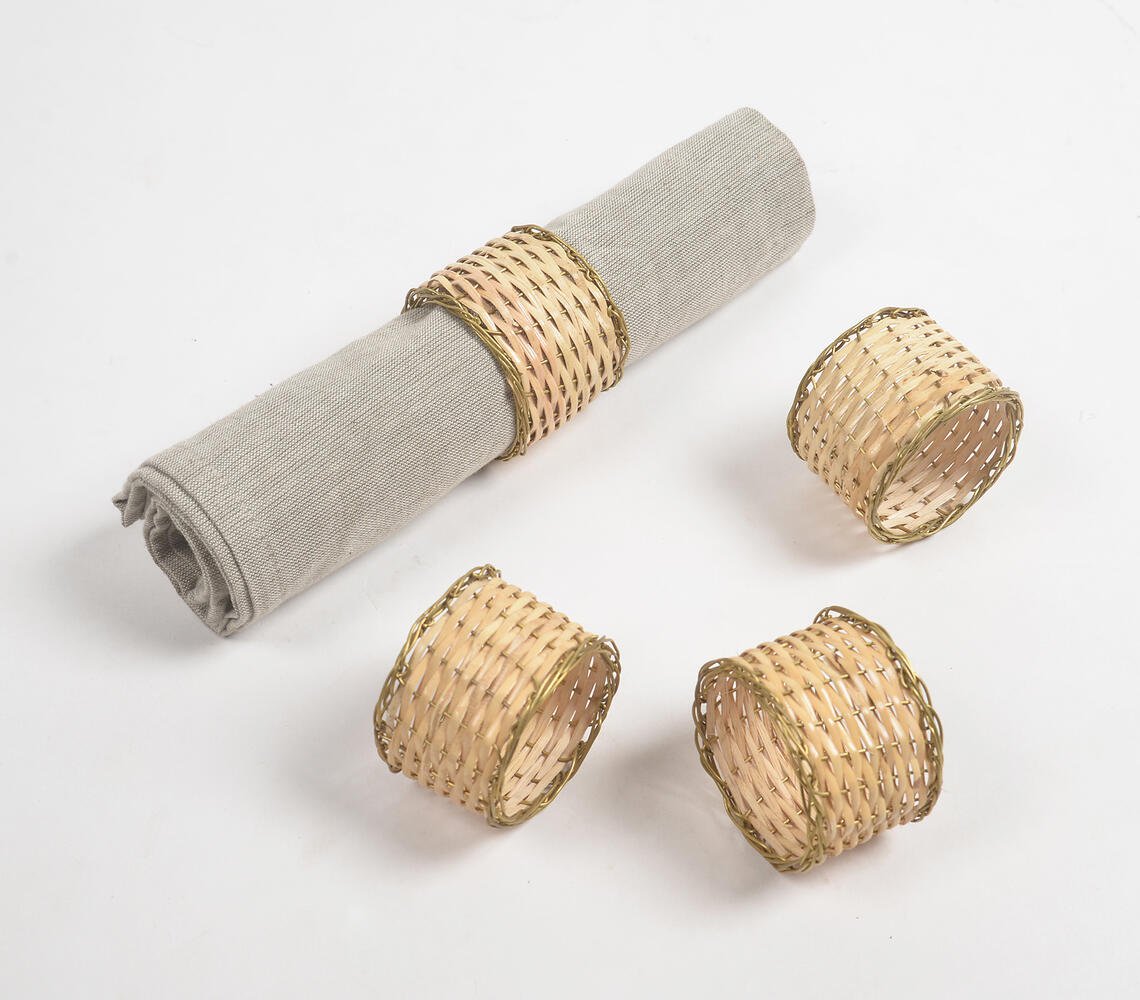 Eco-Friendly Handwoven Cane & Brass Napkin Ring (Set of 4)